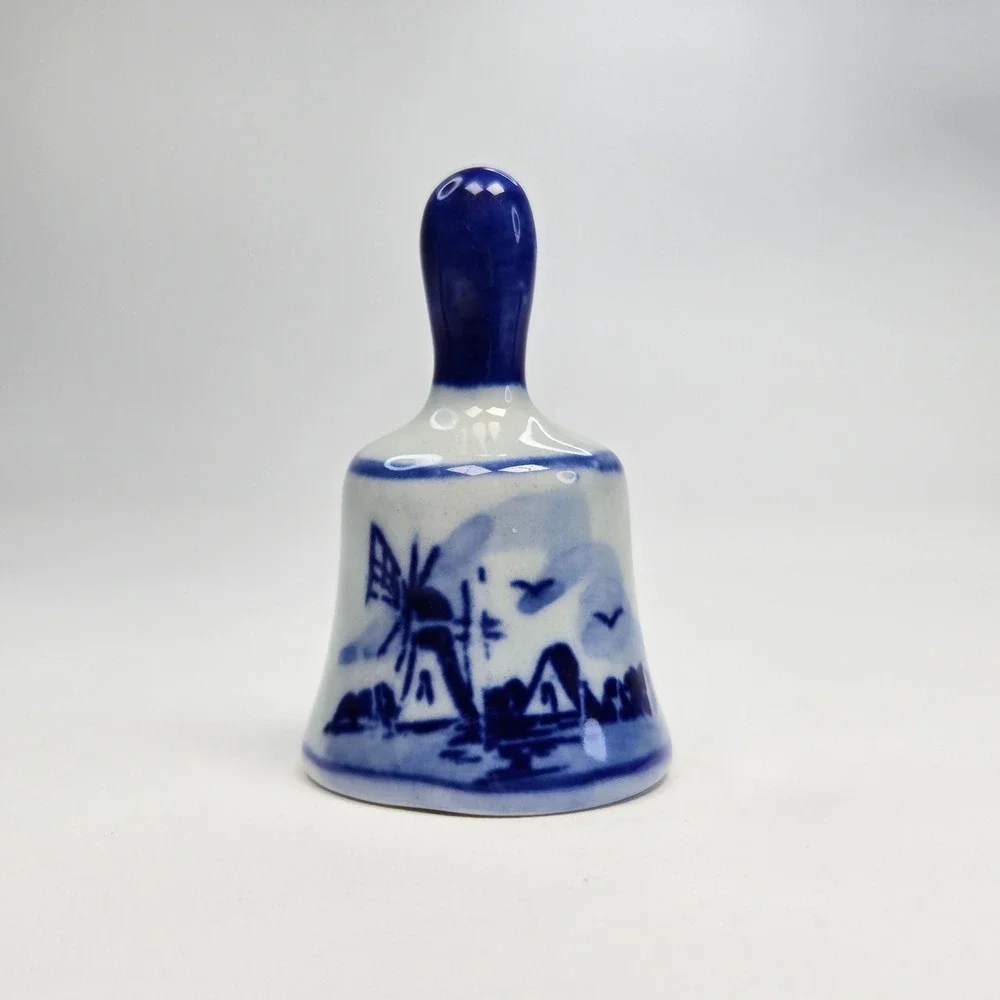 Vintage‎ Delft Style Ceramic Blue White Miniature Bell Floral Windmill